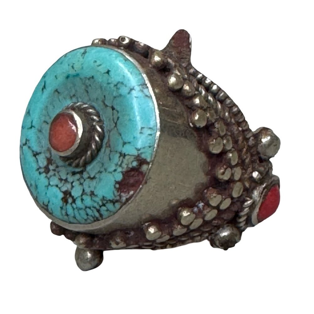 Vintage Tibetan Turquoise Coral Statement Ring Handcrafted Ethnic Size 12 Mens